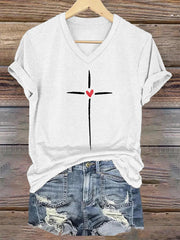 Women's Christian Cross Print V-Neck Tee
