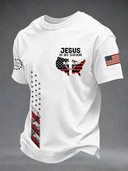Men's Jesus Is My Savior USA Flag Print Casual Independence Day Patriotic Tee