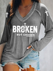 Women's Christian Cross Broken But Chosen Print V-neck Long Sleeve Tee