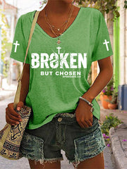 Women's Christian Cross Broken But Chosen Print V-neck Tee