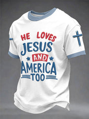 Men's"He Loves Jesus And Ameraca Too" Art Embroidery Print Unisex Casual T-shirt