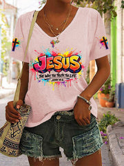 Women's Christian Jesus Cross Short Sleeve V-neck T-shirt