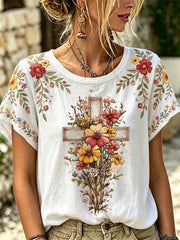Women's Floral Christian Cross Print Tee