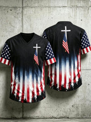Men's USA Flag Hawaiian Shirt Cross Patriotic American Faith V-neck Tee