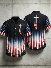 Men's USA Flag Hawaiian Shirt Cross Patriotic American Faith Shirt