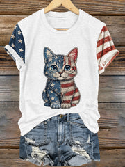 Women's Independence Day Cat Print Casual Tee