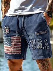 Men's Vintage Independence Day Retro American Flag Art Print Casual Shorts