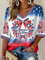 Women's American Independence Day "Freedom" Wreath Casual Waffle T-shirt