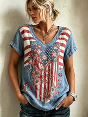 Women's American flag elements retro print linen short-sleeved T-shirt