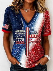 Women's American 1776-2026 Faith Freedom Cross & Flag Print short-sleeved T-shirt
