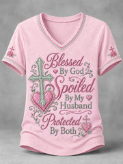Women's Blessed By God Spoiled By My Husband Protected By Both Cross Print Casual V-Neck Tee