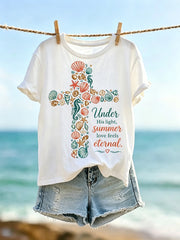 Women's Under His Light Summer Christian Beach Cross Print Short-sleeved T-shirt