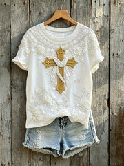 Women's White Floral Cross Faith Art Print Casual Short-sleeved T-shirt