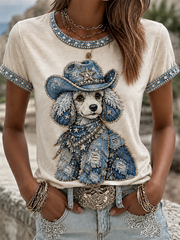 Women's Cowboy Dog Print Casual Tee