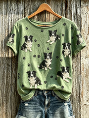 Women's Border Collie Dogs & Paw Prints Pattern Print short-sleeved T-shirt