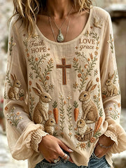 Women's Vintage Faith Hope Farm Rabbit Print Cotton-Linen Shirt