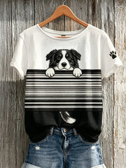 Women's Peeking Border Collie Dog & Paw Print Colorblock Print short-sleeved T-shirt