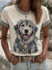 Women's Cowboy Dog Print Casual Tee