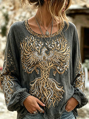 Women's Viking Life Tree and Phoenix Pattern Design Retro Cotton and Linen Shirt