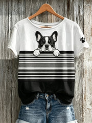 Women's Peeking Bulldog & Paw Print Colorblock Print short-sleeved T-shirt