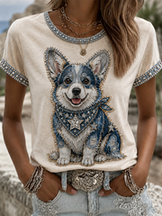 Women's Cowboy Dog Print Casual Tee
