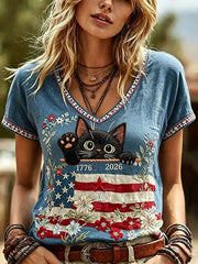 Women's American Flag Cat Print Casual T-Shirt