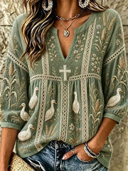 Women's Retro Farm Corn Duck Cross Print Linen Tunic