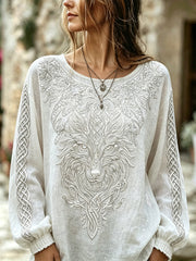 Women's Retro Wolf Head Pattern Design Cotton-Linen Shirt