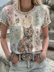 Women's Plants And Flowers Cute Cat Printed T-shirt