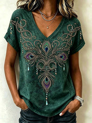 Women's retro Viking style peacock feather pattern printed casual washed short-sleeve T-shirt