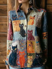 Women's retro cute cat print casual shirt