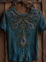 Women's retro Viking style peacock feather pattern printed casual washed short-sleeve T-shirt