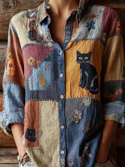 Women's retro cute cat print casual shirt