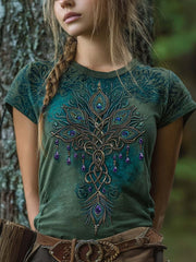 Women's retro Viking style peacock feather pattern printed casual washed short-sleeve T-shirt