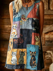 Women's retro cute cat print casual sleeveless dress