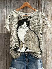 Women's Vintage Cat Newspaper Patchwork Art Print short-sleeved T-shirt