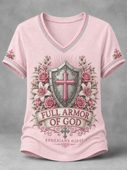 Women's Christian Full Armor Of God Print Casual V-Neck Tee