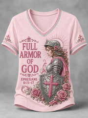 Women's Christian Full Armor Of God Print Casual V-Neck Tee