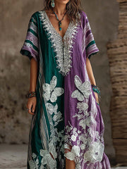 Women's striped color-blocking design butterfly floral pattern print V-neck dress
