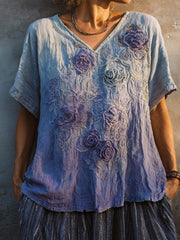 Women's Classy Purple Boho Rose Art Print Linen Short-sleeved T-shirt