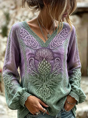 Women's Classy Viking Inspired Scottish Thistle Celtic Print Cotton-Linen Shirt