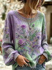 Women's Viking Plant Flower Pattern Gradient Cotton and Linen Shirt