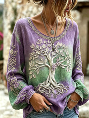 Women's Viking Plant Flower Pattern Gradient Cotton and Linen Shirt