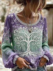 Women's Vintage Viking Inspired Celtic Tree Of Life Print Cotton-Linen Shirt