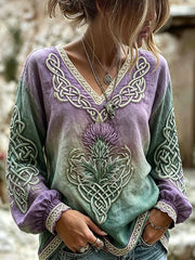 Women's Vintage Viking Celtic Scottish Thistle Print Cotton-Linen Shirt