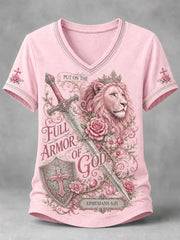 Women's PUT ON THE FULL ARMOR OF GOD Lion Print Casual V-Neck Tee