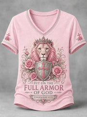 Women's PUT ON THE FULL ARMOR OF GOD Lion Print Casual V-Neck Tee