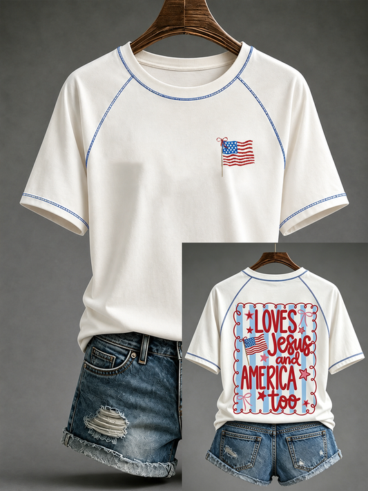 Women's Loves Jesus and America Too round neck short sleeve T-shirt