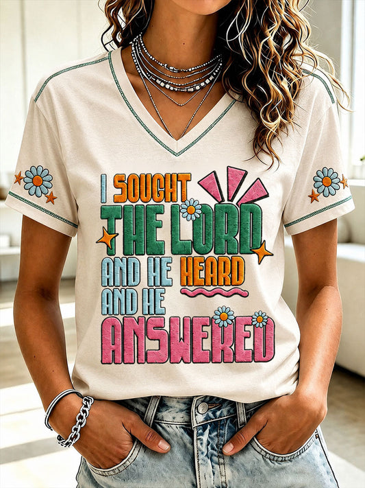 Women's "I sought the lord and he heard and he answered" V-neck T-shirts