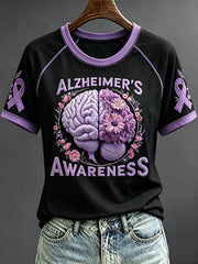 Women's Purple Ribbon Awareness Print Round Neck Short Sleeve T-shirt